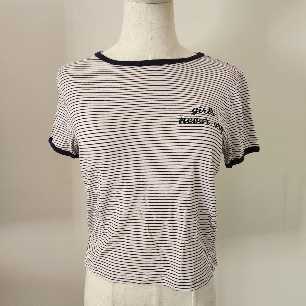 Forever 21 "Girls Never Cry" Embroidered Cream & Black Relaxed Fit Ringer Tee.